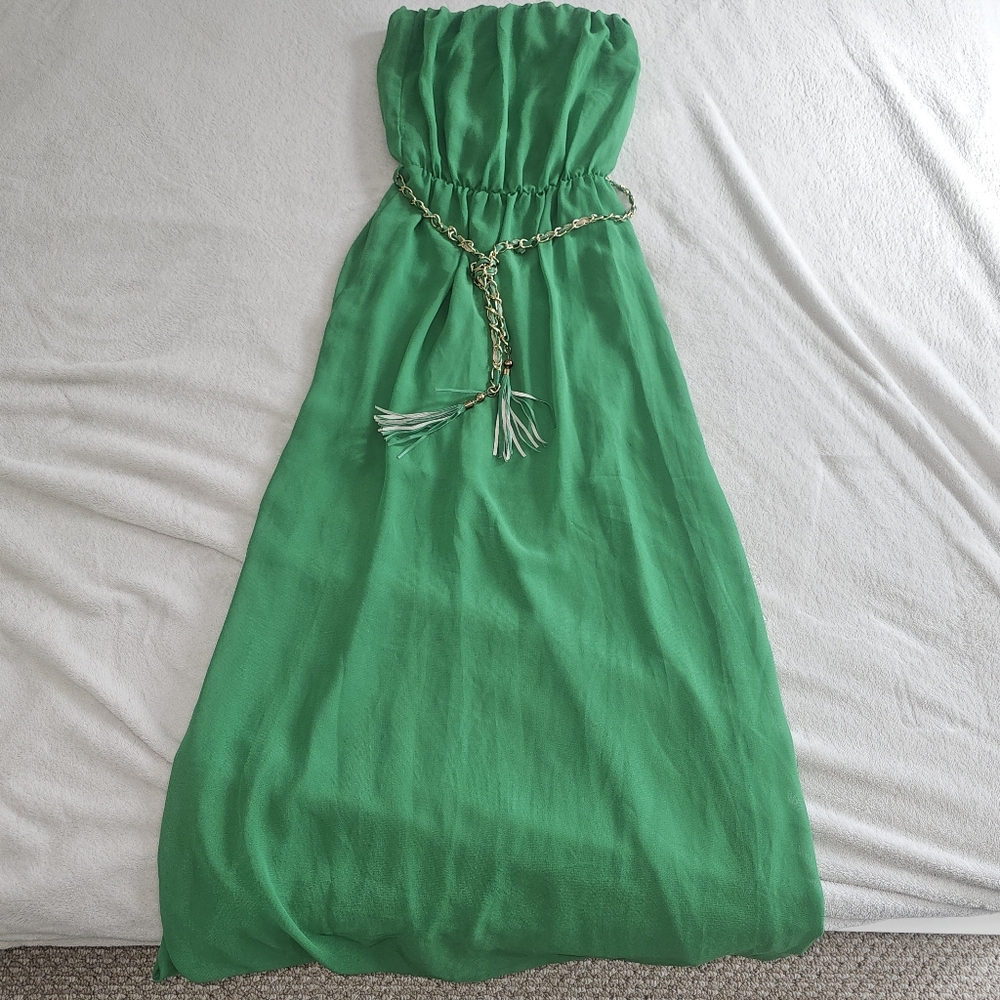 Elegant Green Maxi Dress With Belt, Sz XS